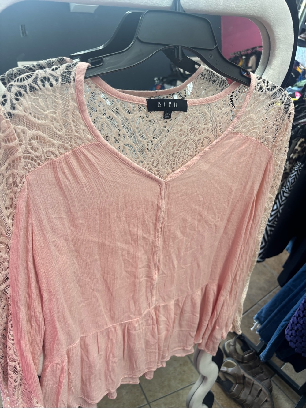 B.L.E.U. Blush Lace-Shoulder Peplum Top